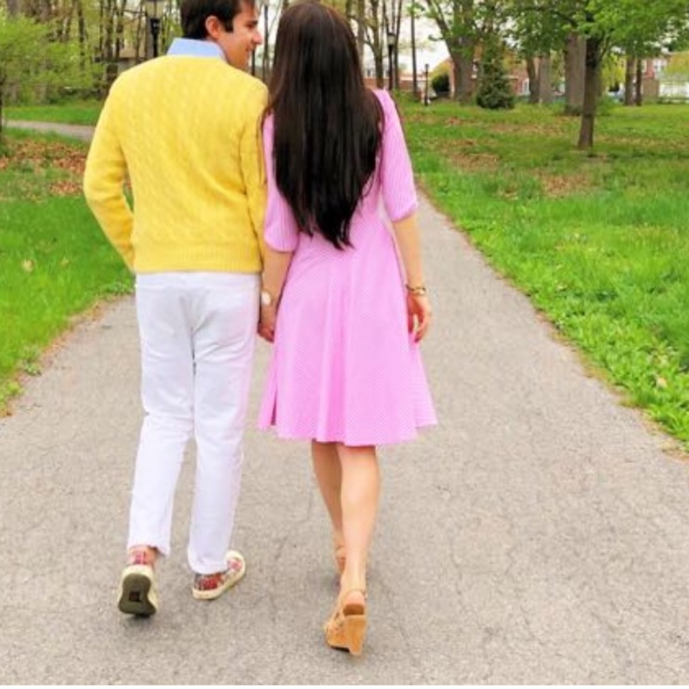 Pink and white 3/4 sleeve gingham dress